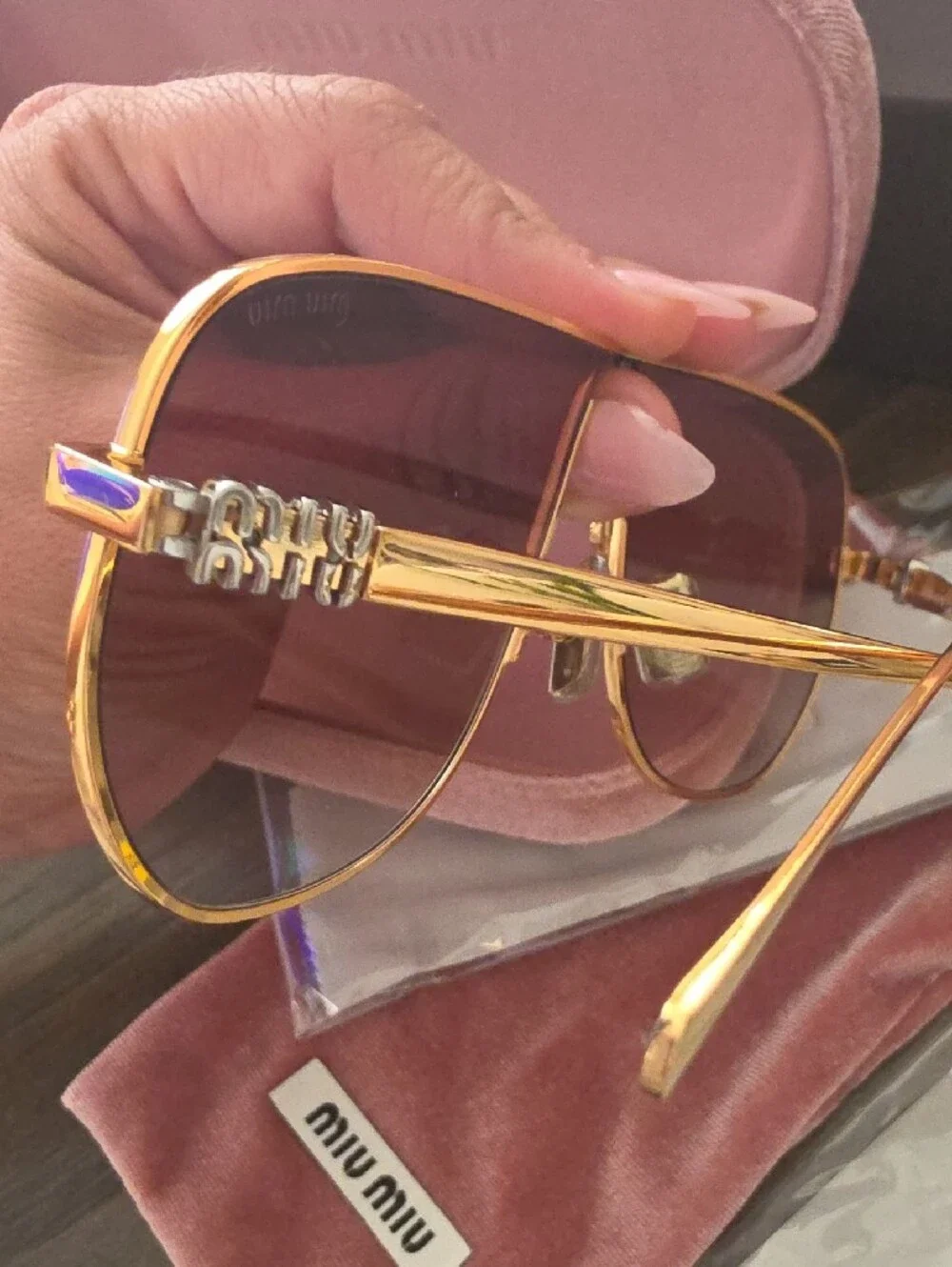 Miu Miu Gold Metal Aviator Sunglasses with Pink Gradient Lenses